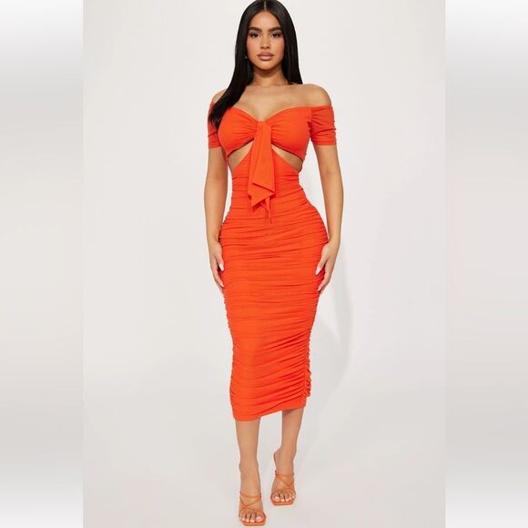Privy | Orange mesh off shoulder ruched midi dress | medium - Picture 1 of 7